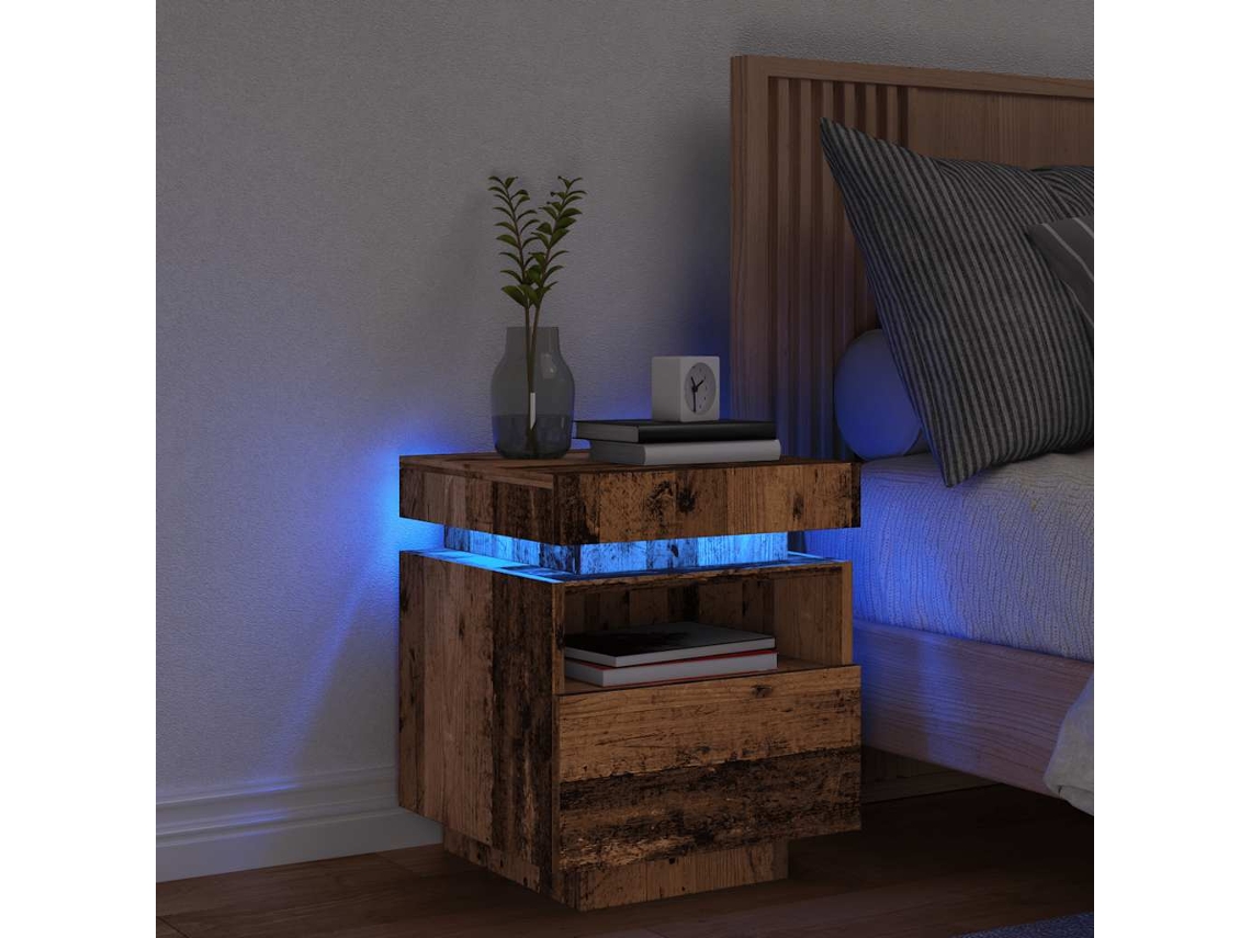 Vidaxl Mesa De Cabeceira Com Luzes Led 40x39x48,5 Cm Madeira Velha