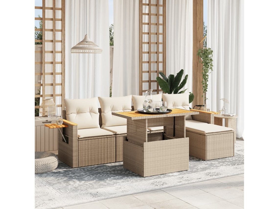Vidaxl 6 Pcs Conjunto De Sofás P/ Jardim Com Almofadões Vime Pe Bege