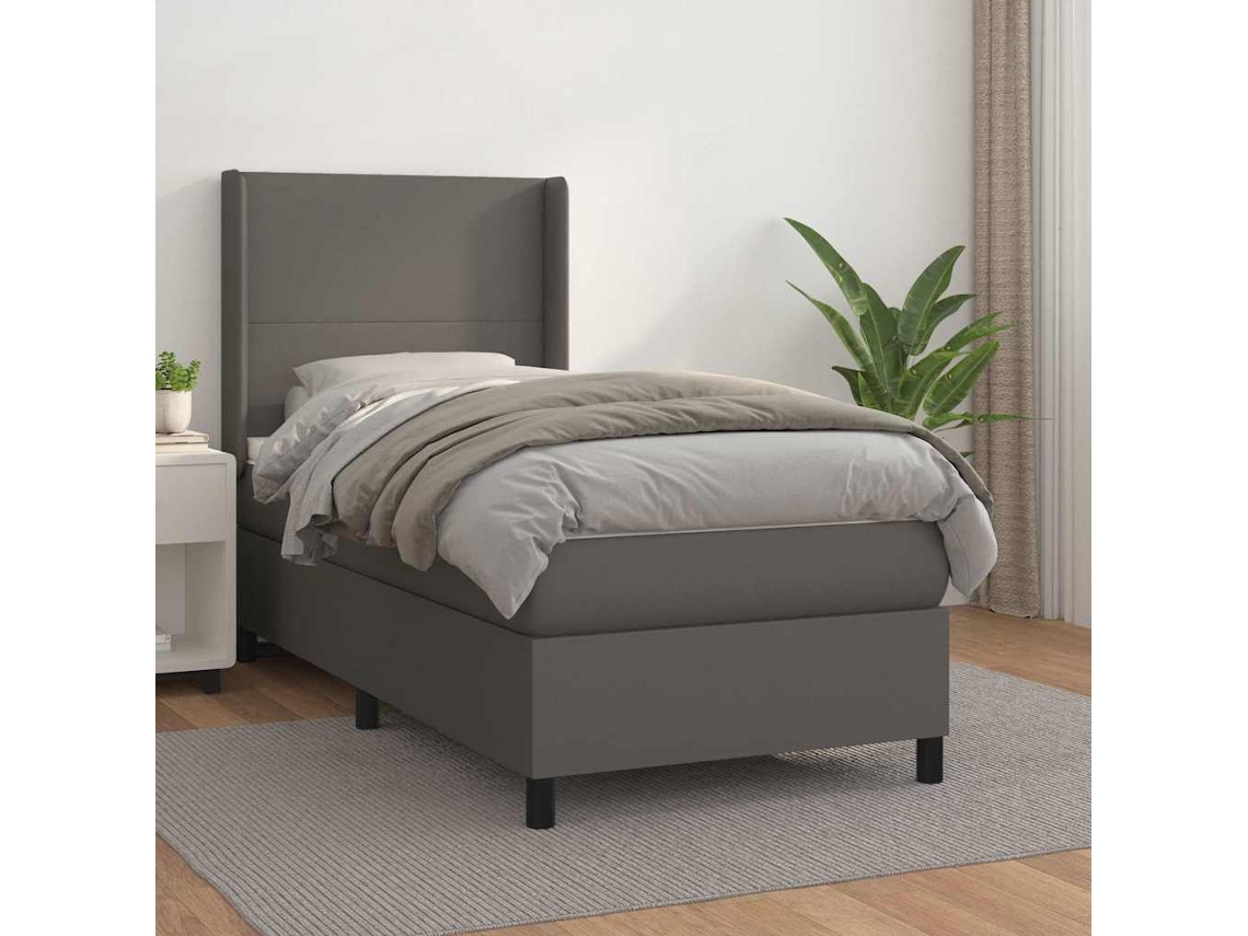 Vidaxl Cama Com Molas/colchão 90x200 Cm Couro Artificial Cinzento