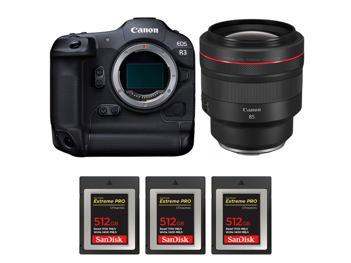 Eos R3 + Rf 85mm F/1.2 L Usm + 3 Sandisk 512gb Extreme Pro Cfexpress Type B + Ebook “20 Dicas para Fotos Que Impressionam” CANON