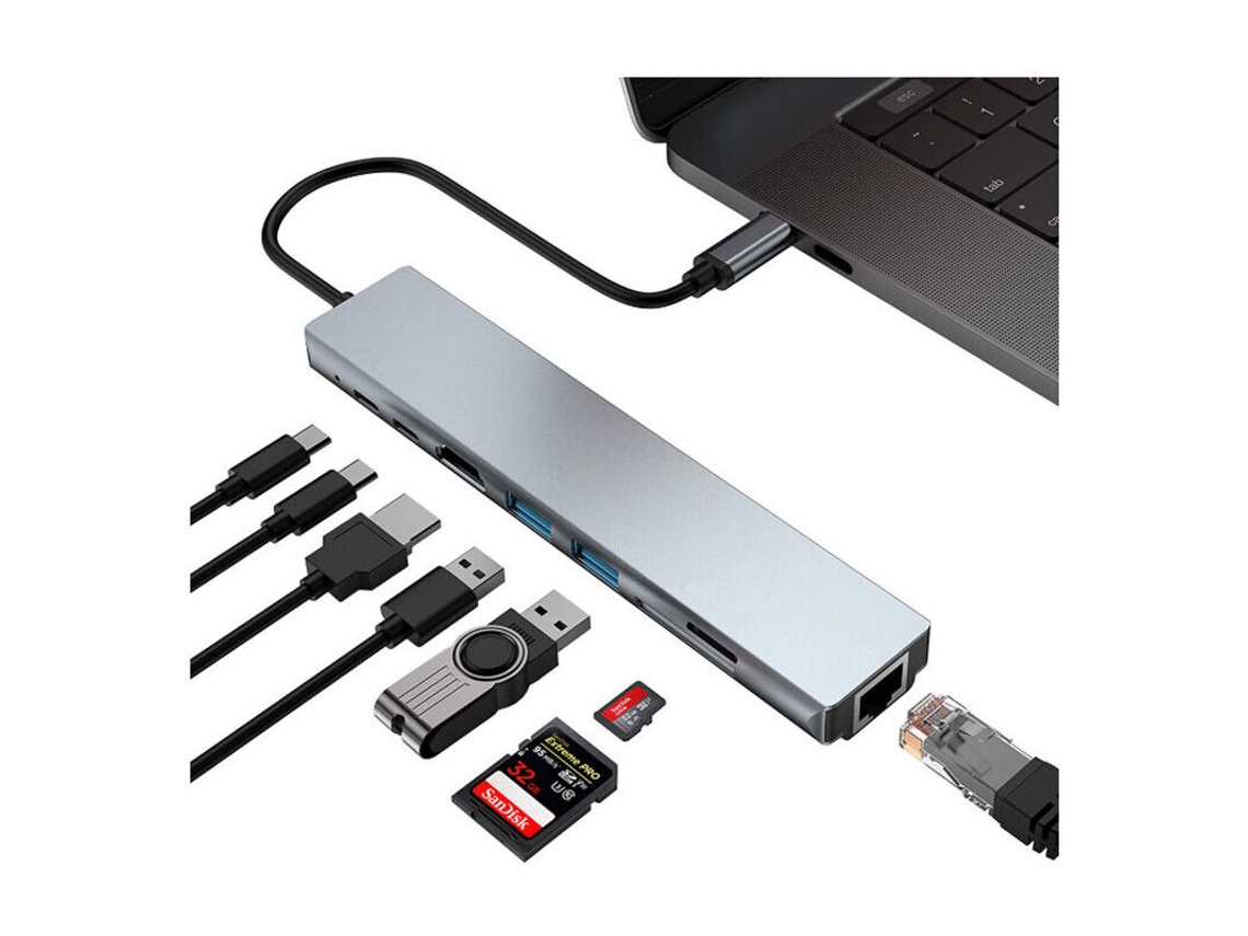 Adaptador Hub Usb c 8 em 1 para Mac: Adaptador com Hdmi 4k, Ethernet, 2 Portas Usb 3.0 e Leitor de Cartão Sd/tf AQUAFORGE
