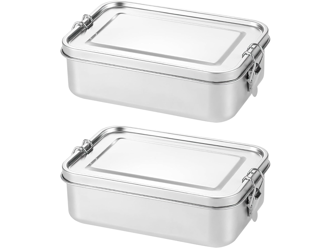 Conjunto 2 Marmitas Herméticas - Caixa Almoço - Bento Box - Recipiente Alimentos Portátil - 850 Ml - Aço Inoxidável - Prateado