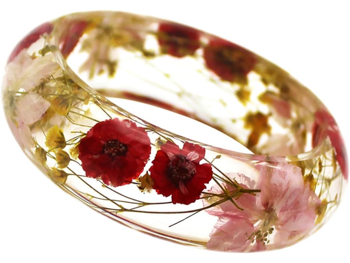Pulseira De Resina Com Flores De Margarida Secas, Tamanho Único, Acabamento Transparente, Joia