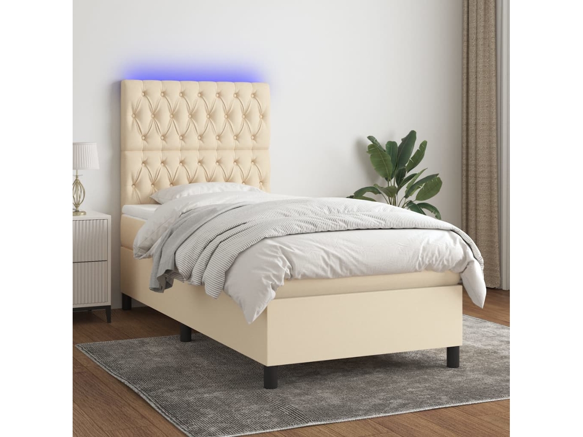 Vidaxl Cama Box Spring C/ Colchão E Led 100x200 Cm Tecido Cor Creme