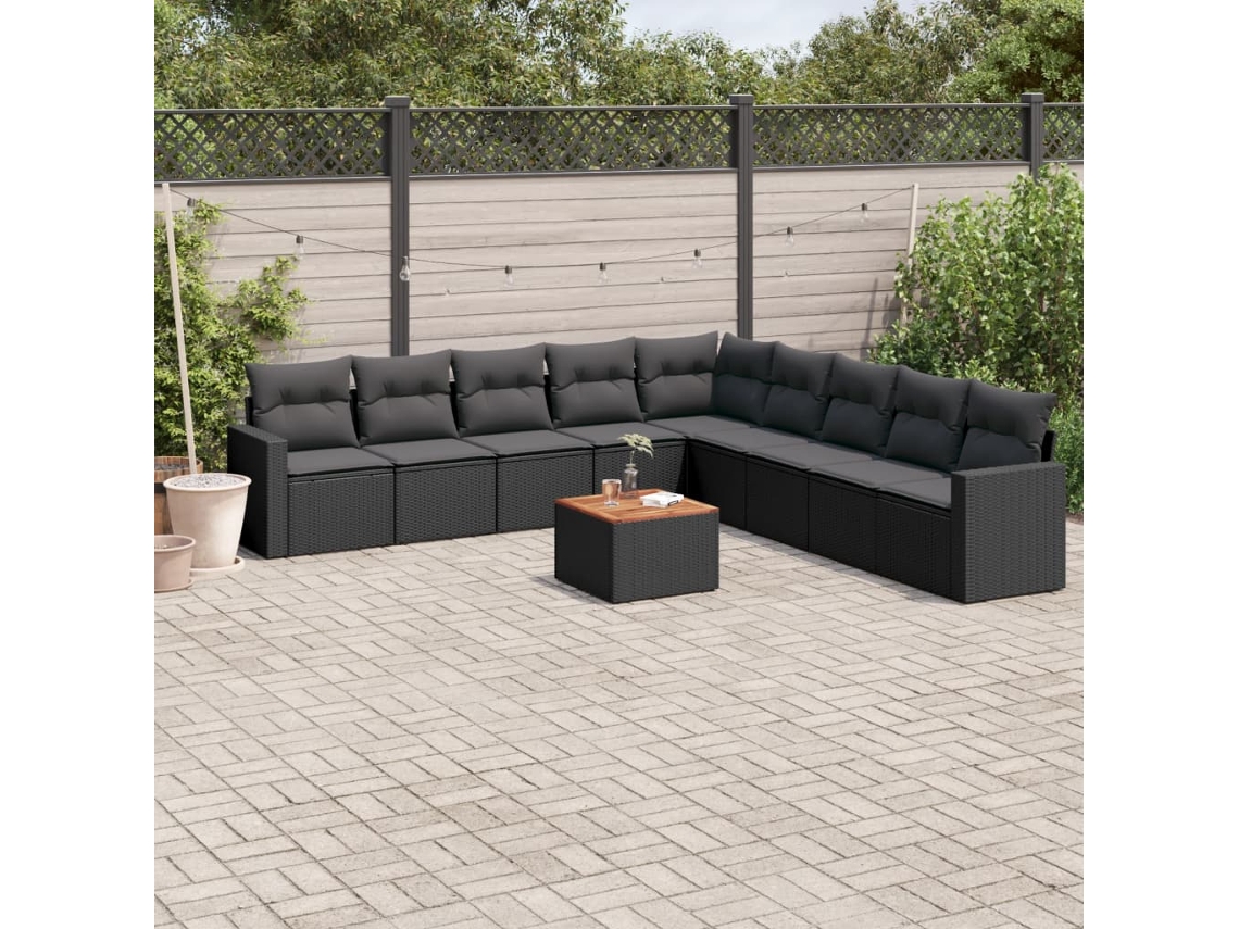 Vidaxl 10 Pcs Conjunto Sofás De Jardim C/ Almofadões Vime Pe Preto