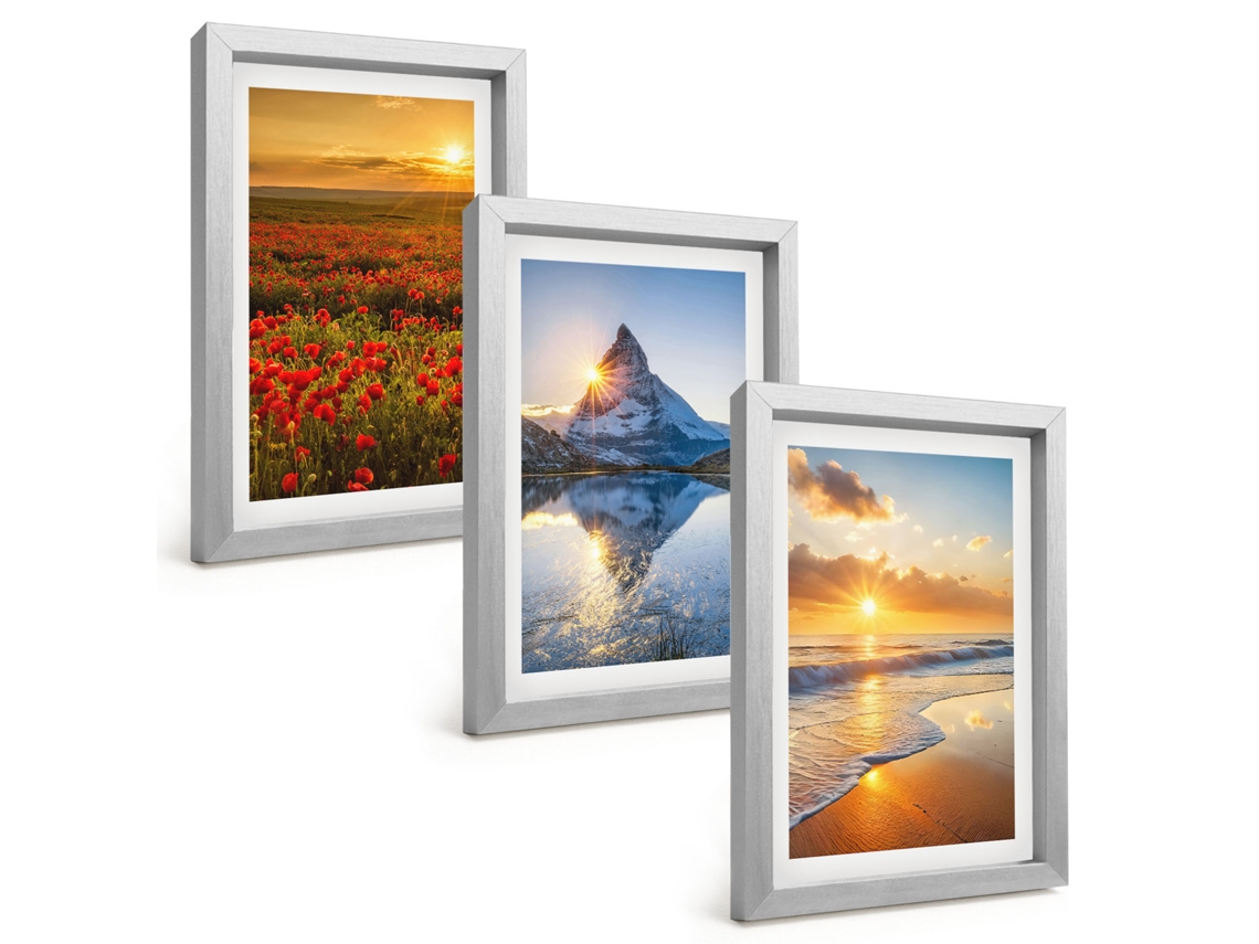 Pinturas Murais Modernaspaisagens De Montanhas E Mar, Pôr Do Sol Moldura Prateada Fotos Para O Corredor Espelharte (3 Peças 20x30 Cm)
