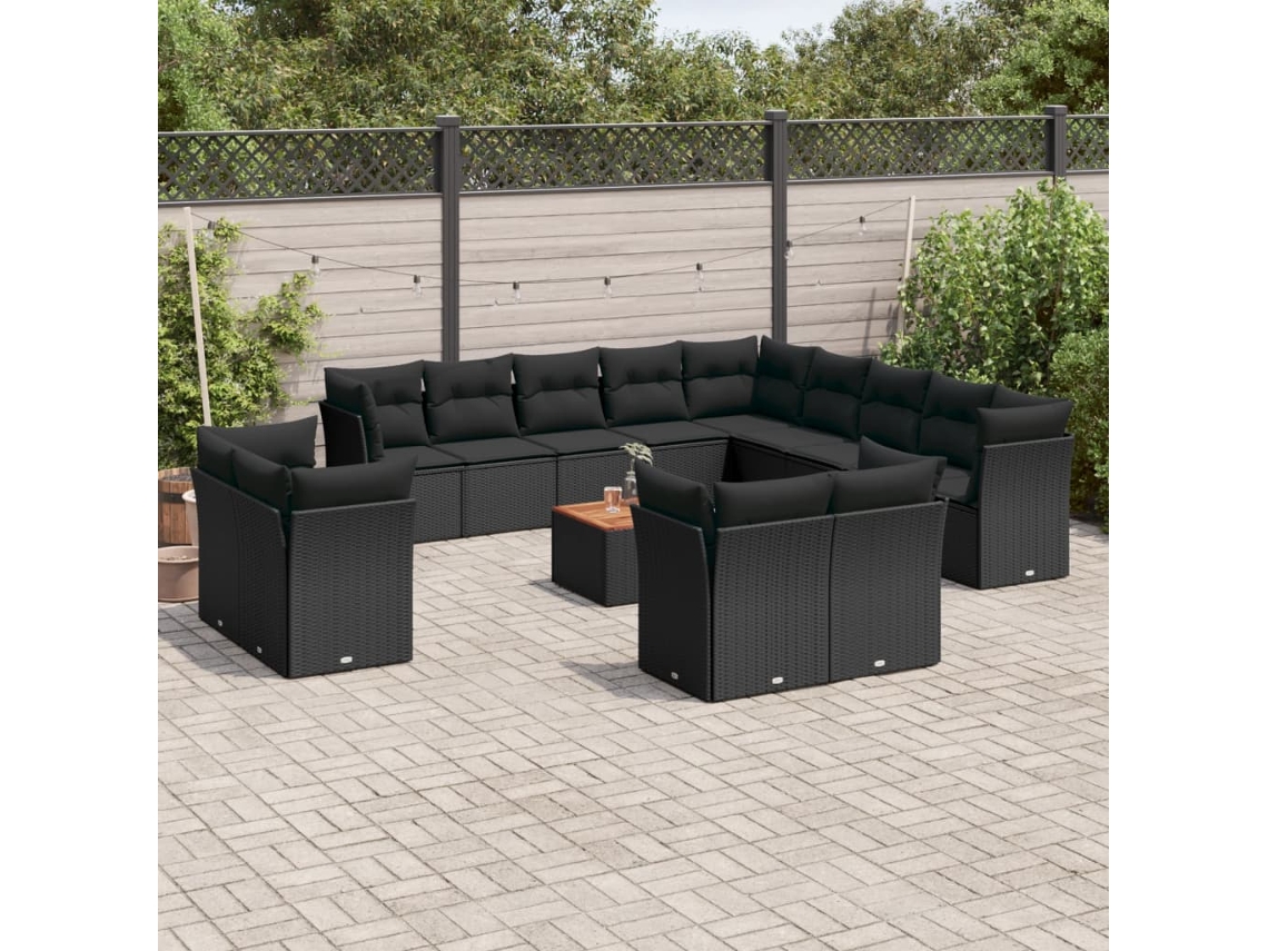 Vidaxl 14 Pcs Conjunto De Sofás P/ Jardim C/ Almofadões Vime Pe Preto