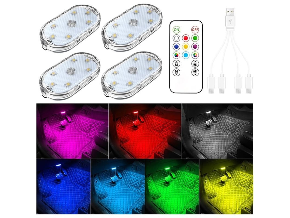 4 Pcs Luzes Led para Interior de Carro com Controle Remoto, 7 Cores, Recarregável Via Usb