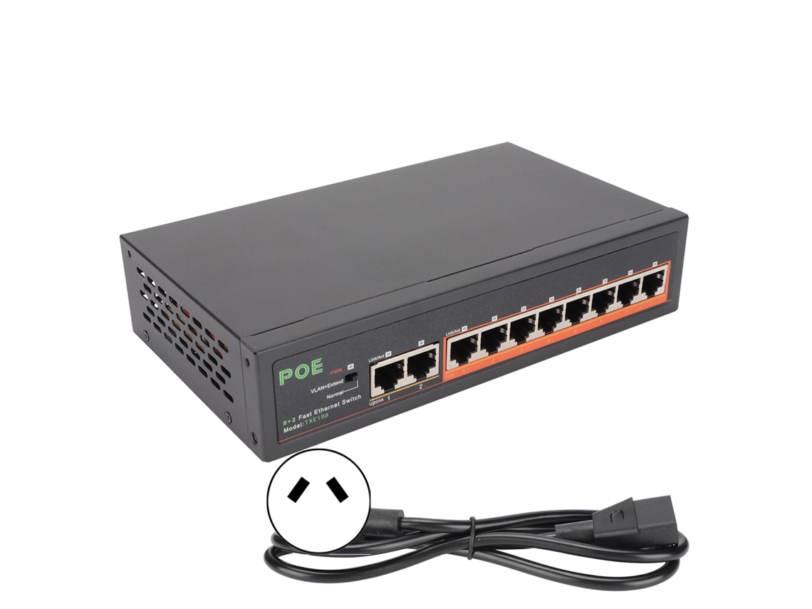 Switch Poe de 8 Puertos 10/100 Mbps, 90 W, Rj45 Adaptable, Indicador Led, Aleación de Aluminio, Enchufe Australiano.