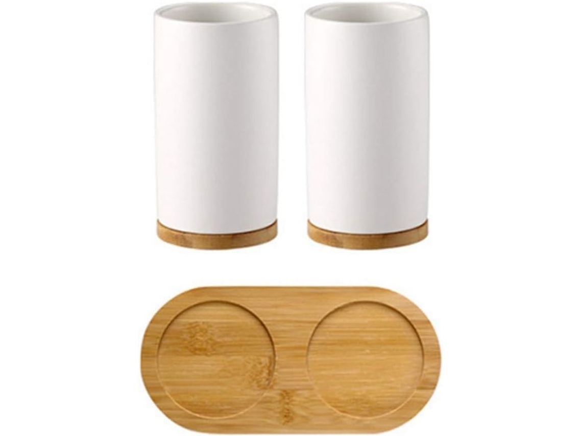 Set De Acessórios De Banho Cerâmica E Bambu: Porta-cepillos, Copo E Dispenser De Sabonete 350ml