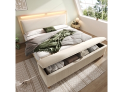 Cama De 140x200 Cm, Cabeceira Com Led De 20 Cores, Carvalho Claro