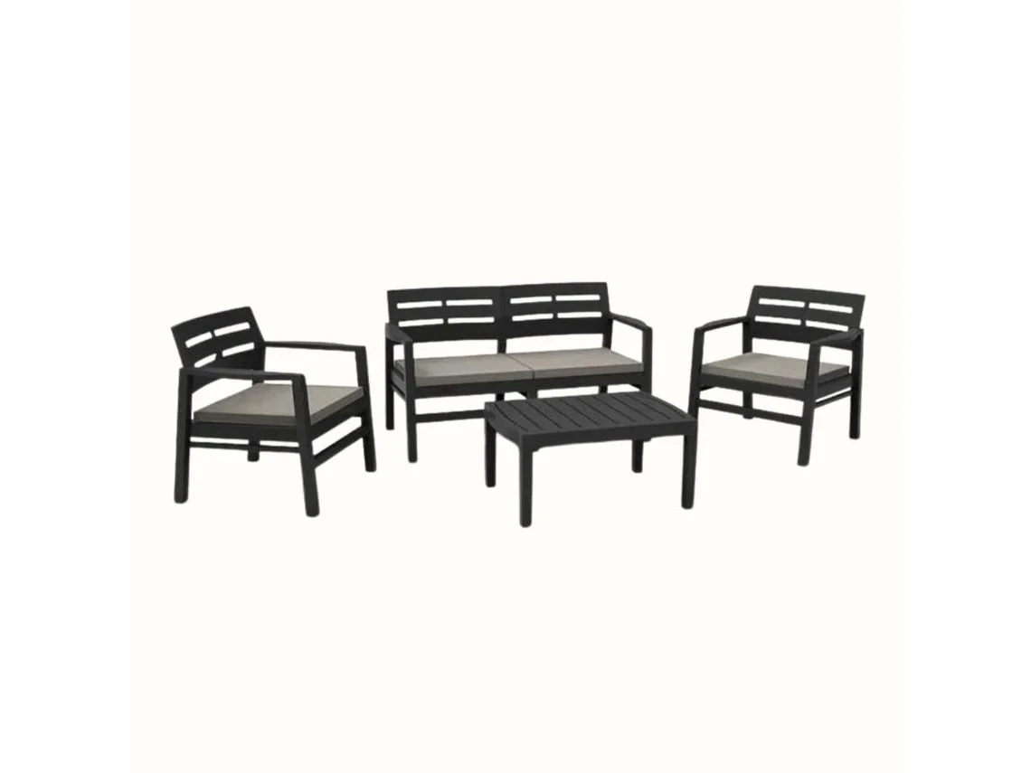 Conjunto de Jardim Java Antracite IPAE PROGARDEN (2 Cadeirões + 1 Mesa de Apoio + 1 Sofá Duplo + 4 Almofadas)