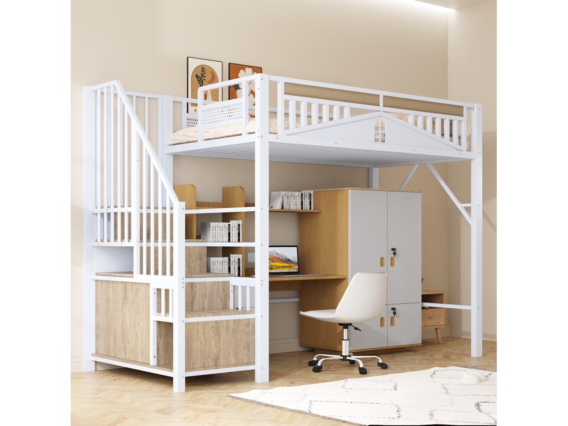 Cama Alta Metálica 90x200 Com Janela E Escada Armário