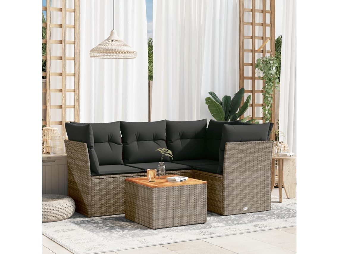 Vidaxl 5 Pcs Conjunto Sofás De Jardim C/ Almofadões Vime Pe Cinzento