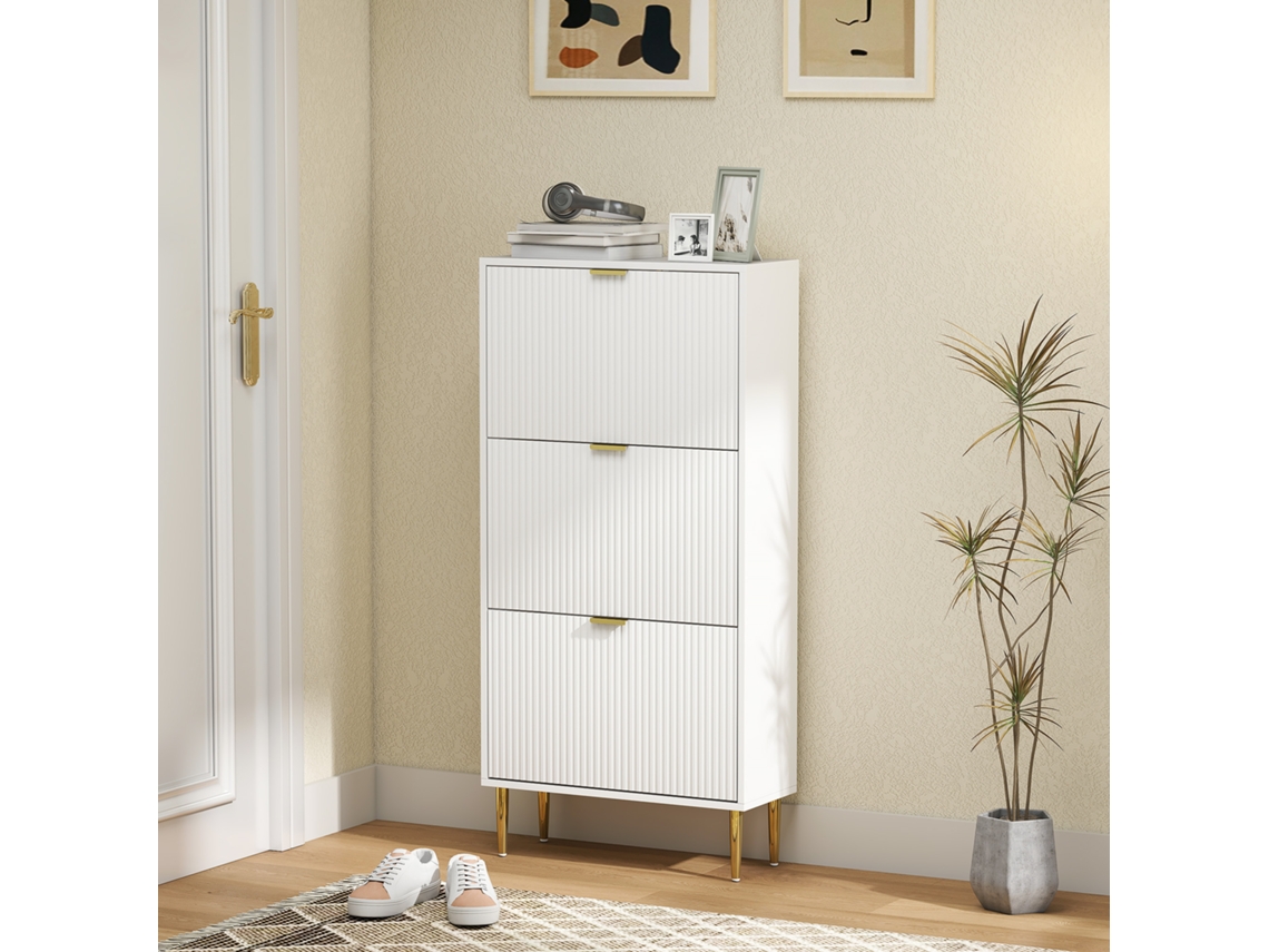 Sapateiro Estreito 3 Portas Caneladas Prateleiras Ajustáveis 18 Pares Sapatos 60x24x122,5 Cm Branco