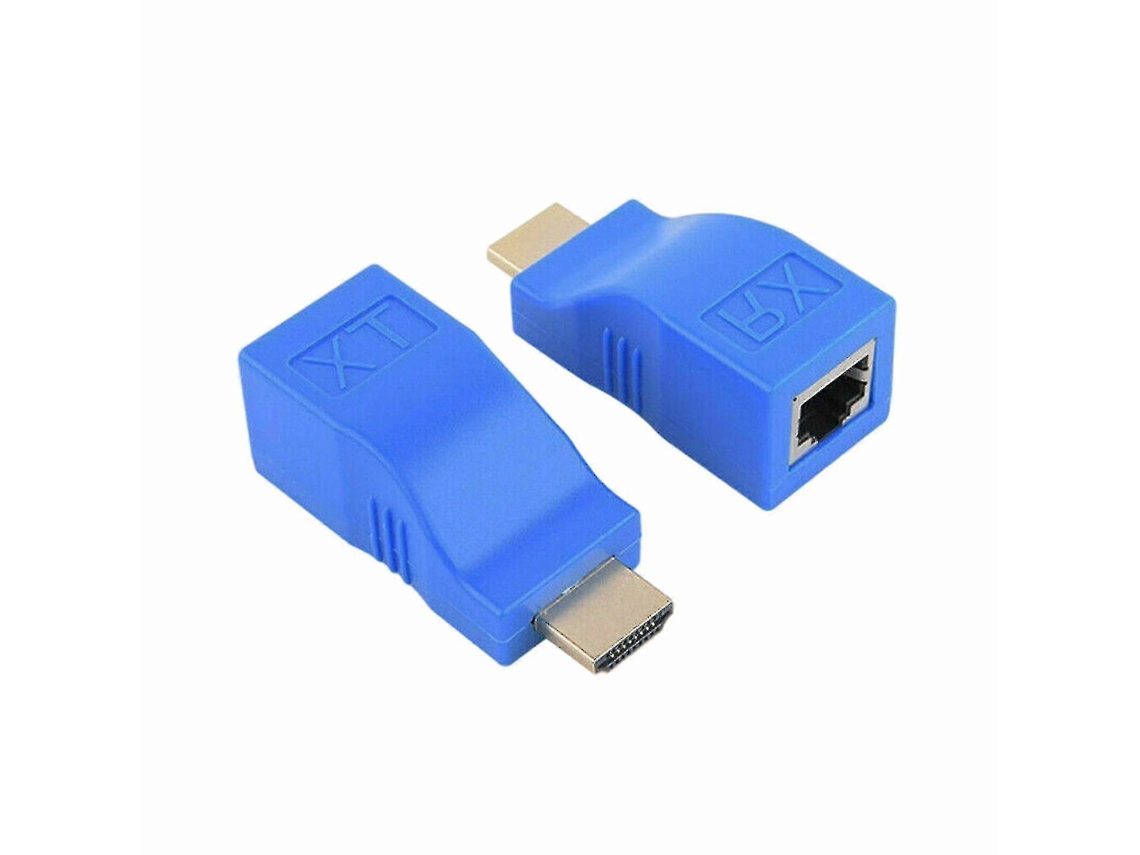 (Azul) Extensor HDMI que converte sinal para RJ45 via cabo Cat 5e/6, adaptador Ethernet LAN, suporta resolução 4K e 1080p.