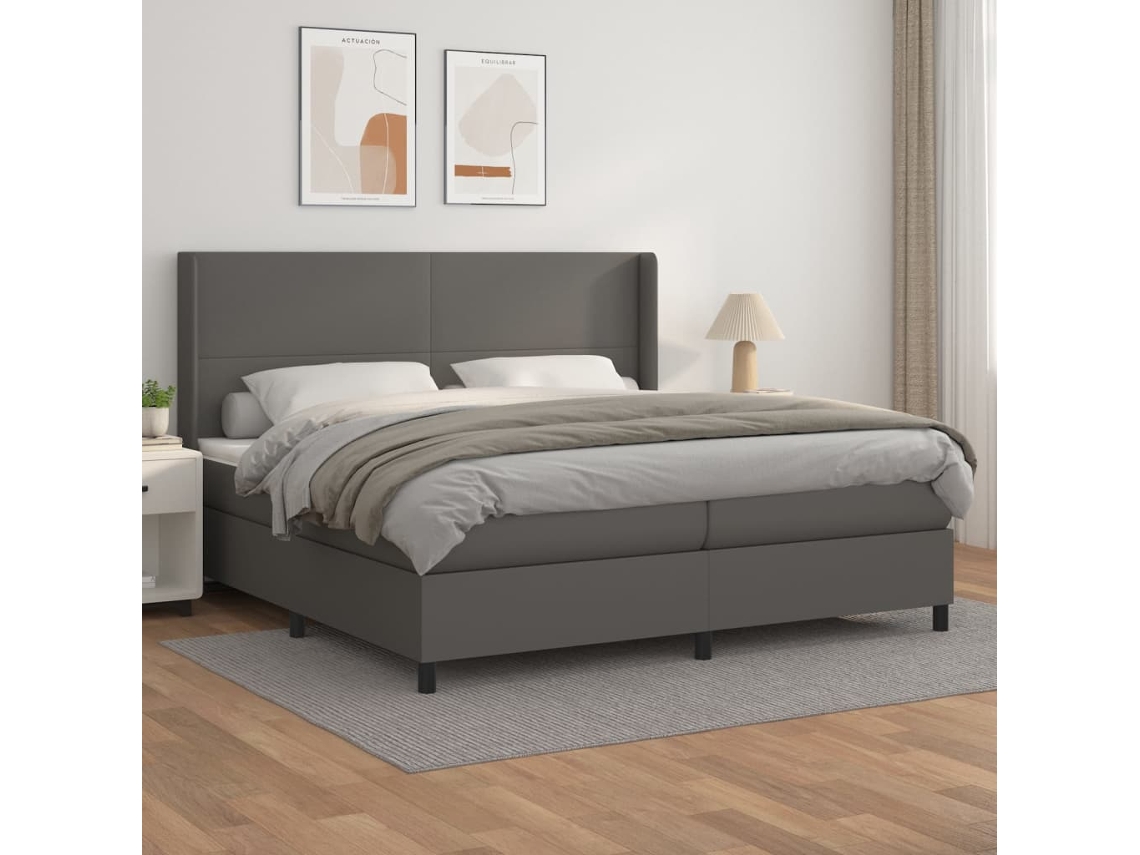 Vidaxl Cama Com Molas/colchão 200x200 Cm Couro Artificial Cinzento