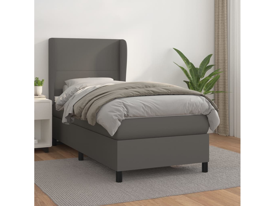 Vidaxl Cama Com Molas/colchão 90x200 Cm Couro Artificial Cinzento