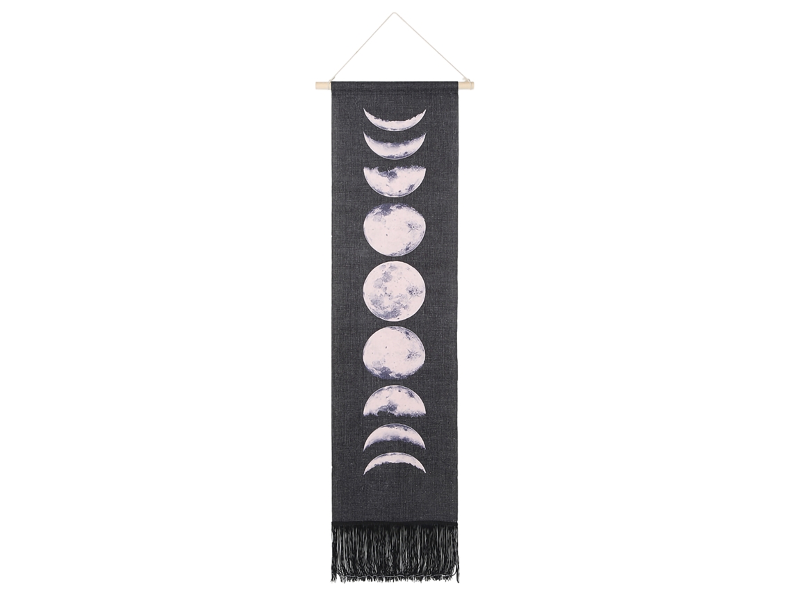 Manta decorativa artesanal com ciclos lunares para decoração de parede, 117 x 30 cm, preta.