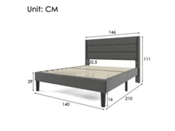 Cama Casal Estofada 140x200 Cm Com Estrado Ripado, Cabeceira, Linho Cinza Escuro, Design Moderno E Colchão Incluído