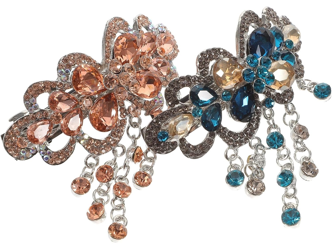 2 Presilhas de Cabelo Infantis com Borla Metálica de Strass, Fixação Firme