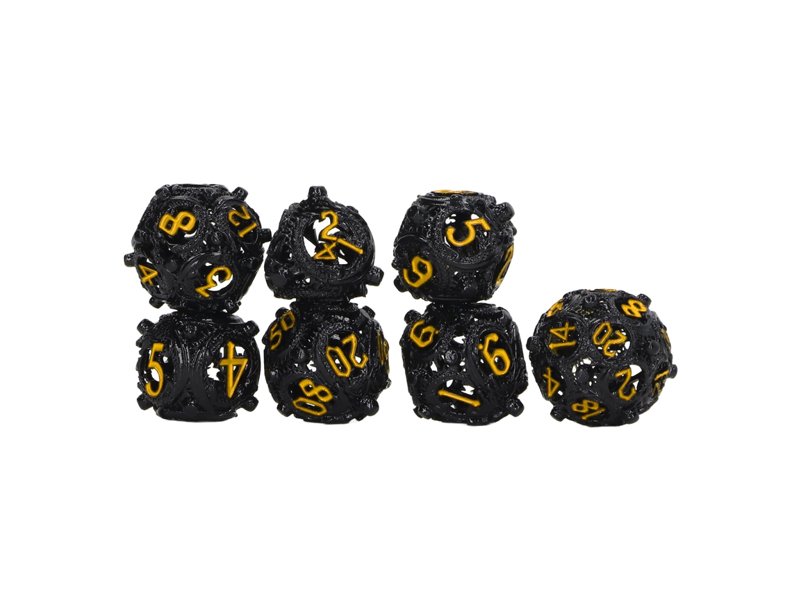 Ats conjunto de 7 Dados de Cobre Huecos, Dados Metálicos Poliédricos Equilibrados Grabados, Portáteis para Jogos de Mesa Preto e Amarelo