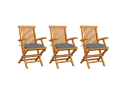 Vidaxl Cadeiras De Jardim C/ Almofadões Cinzentos 3 Pcs Teca Maciça