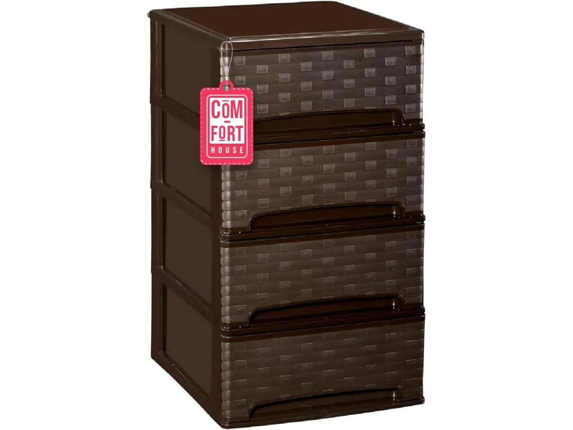 CASA COM-FORT | Cajonera de plástico empilhável | Modelo de bambu | Cor Wengué | Modelo 4 Cajones | Caixas de armazenamento modulares