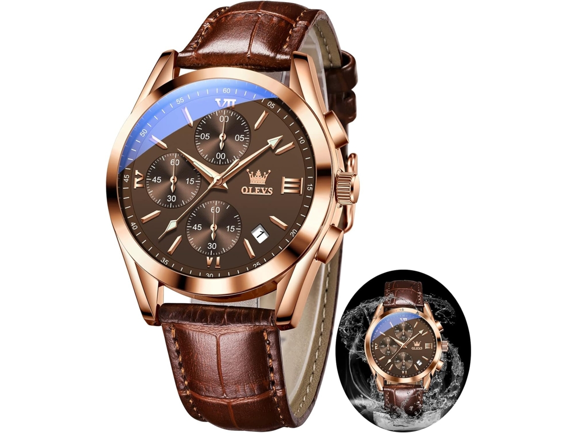 Lurelia Relógio Cronógrafo Masculino, Movimento De Quartzo, Couro, Resistente À Água 30m, Rosa Ouro, Castanho