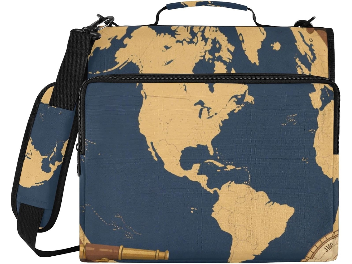 Pasta retrô com 3 argolas, estilo americano continental, marrom e azul, com zíper e alça, diversas opções de bolsas, pasta para laptop