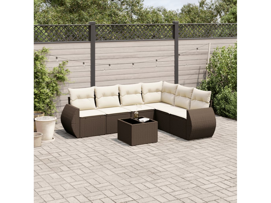 Conjunto de Sofás 7 Peças Jardim C/ Almofadões Vime Pe Castanho Dkd Home Decor
