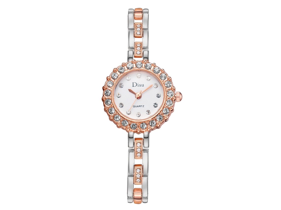Relógio de Pulso Feminino de Quartzo com Pulseira de Liga Elegante Rosa Dourado+prata