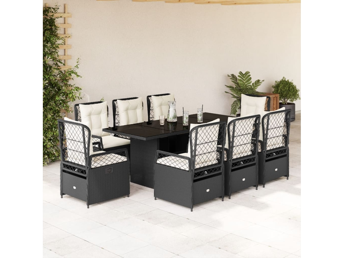 9 Pcs Conjunto De Jantar P/ Jardim C/ Almofadões Vime Pe Preto Dkd Home Decor