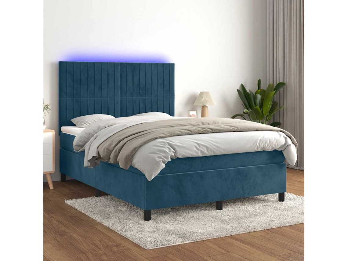 Vidaxl Cama Box Spring C/ Colchão/led 140x200 Cm Veludo Azul escuro