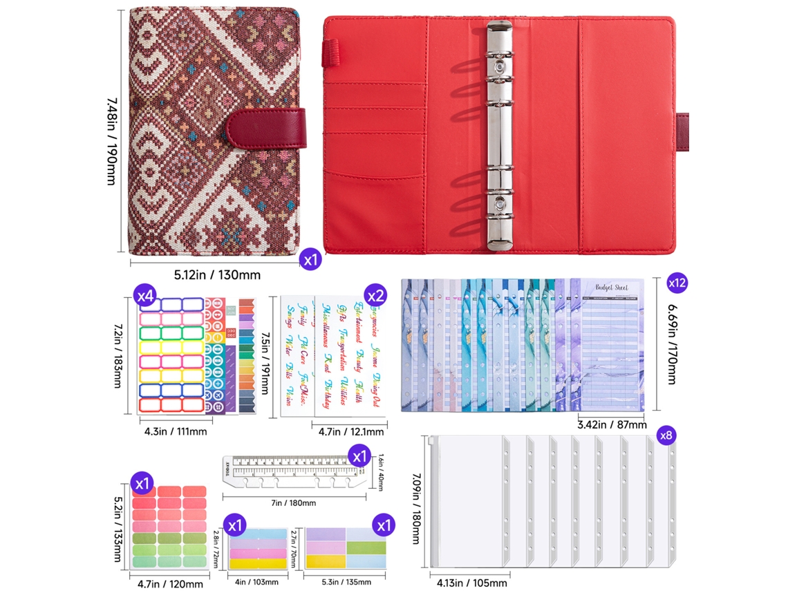 Vintage Ethnic Jacquard Fabric Loose Leaf Notebook With Buckle Closure, Red Cloth Texture, Craft Journal Gift Set