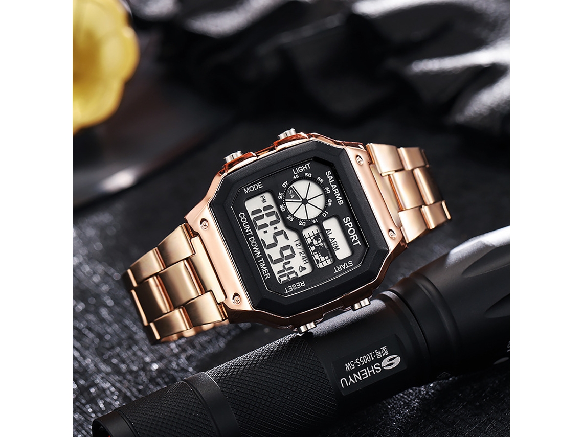 Relógio Esportivo Digital Masculino (dourado Rosa), Aço Inoxidável, À Prova D'água, Multifuncional