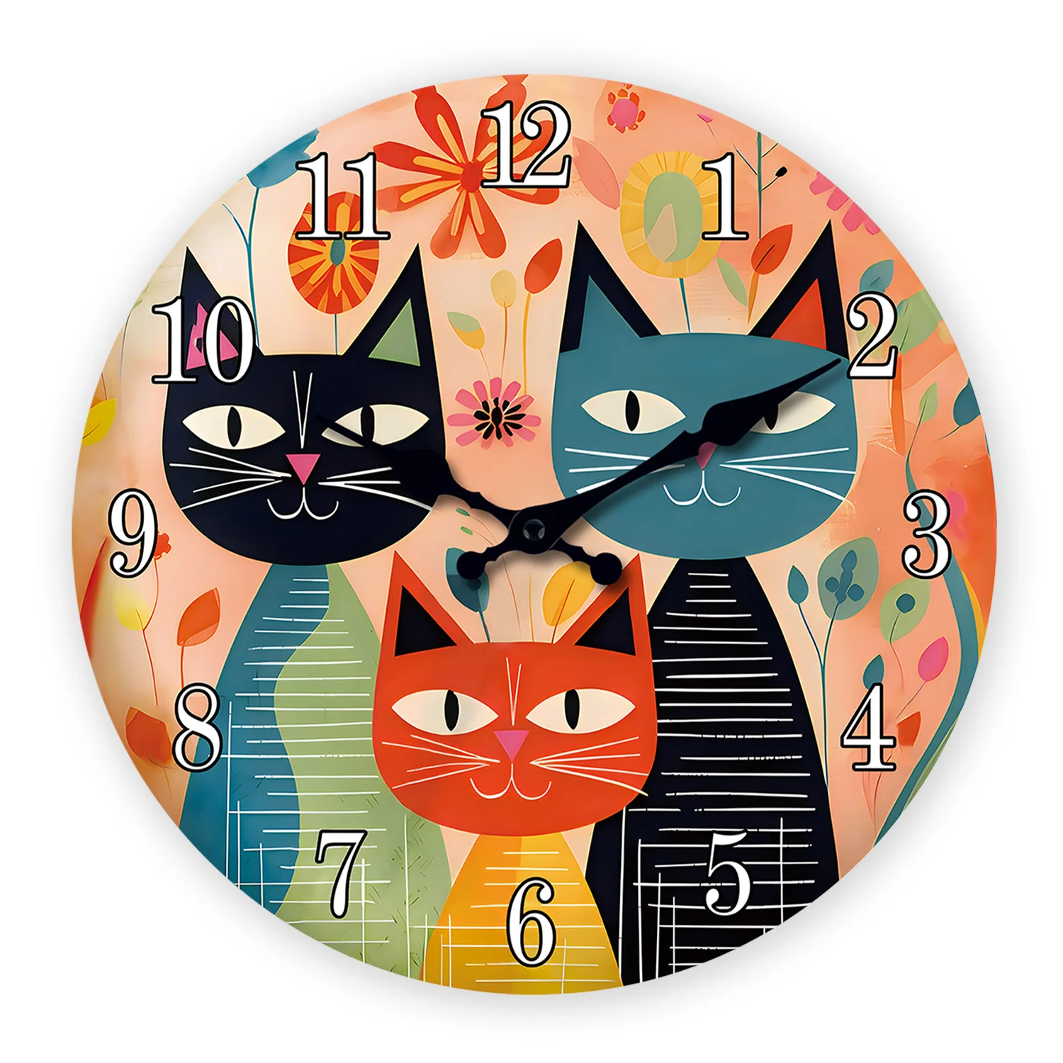 Relógio De Parede Vintage De Madeira Com Família De Gatos Fofos (25 Cm), Relógio De Quartzo Silencioso.