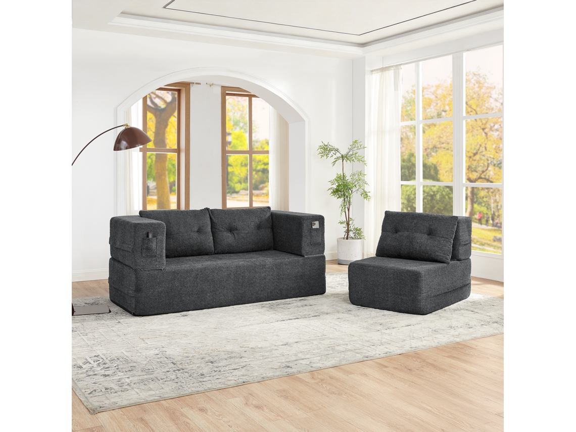 Sofá Modular Cinza Claro Com Poltrona, Sofá-camas Dobrável E Conversível Com Bolsos Para Controle Remoto E Celular.