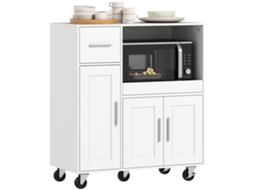 Carrinho De Cozinha Com Rodas, Armário Para Micro-ondas, Bandeja Retrátil E 3 Portas, 80x40x88,7cm, Branco