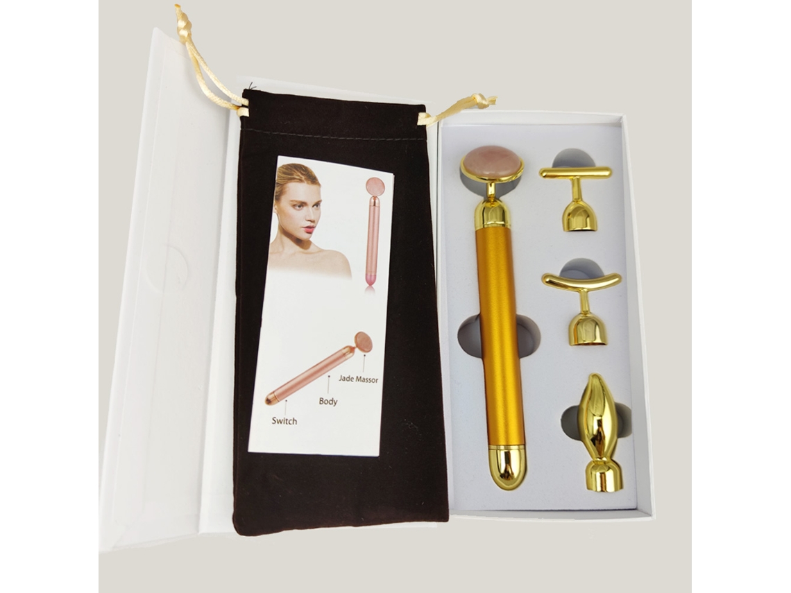 Rolo Facial 4 em 1, Rolo Vibratório de Jade com Cristal de Apatita Rosa MDUG (ouro Rosa com Caixa)