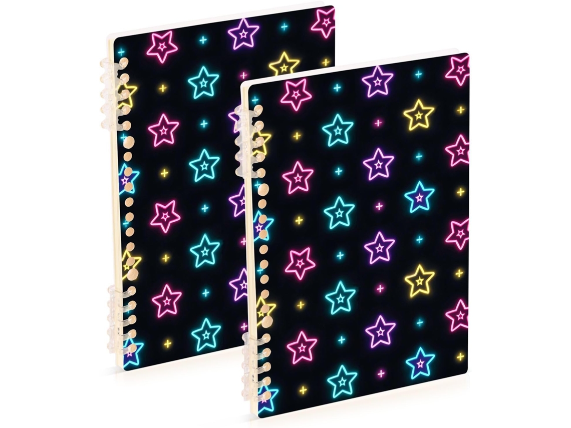 Conjunto de 2 Cadernos Pautados A5 com Estampa Estrelas Fluorescentes, 21,1 X 14,5 Cm, Capa Dura, 60 Folhas, P