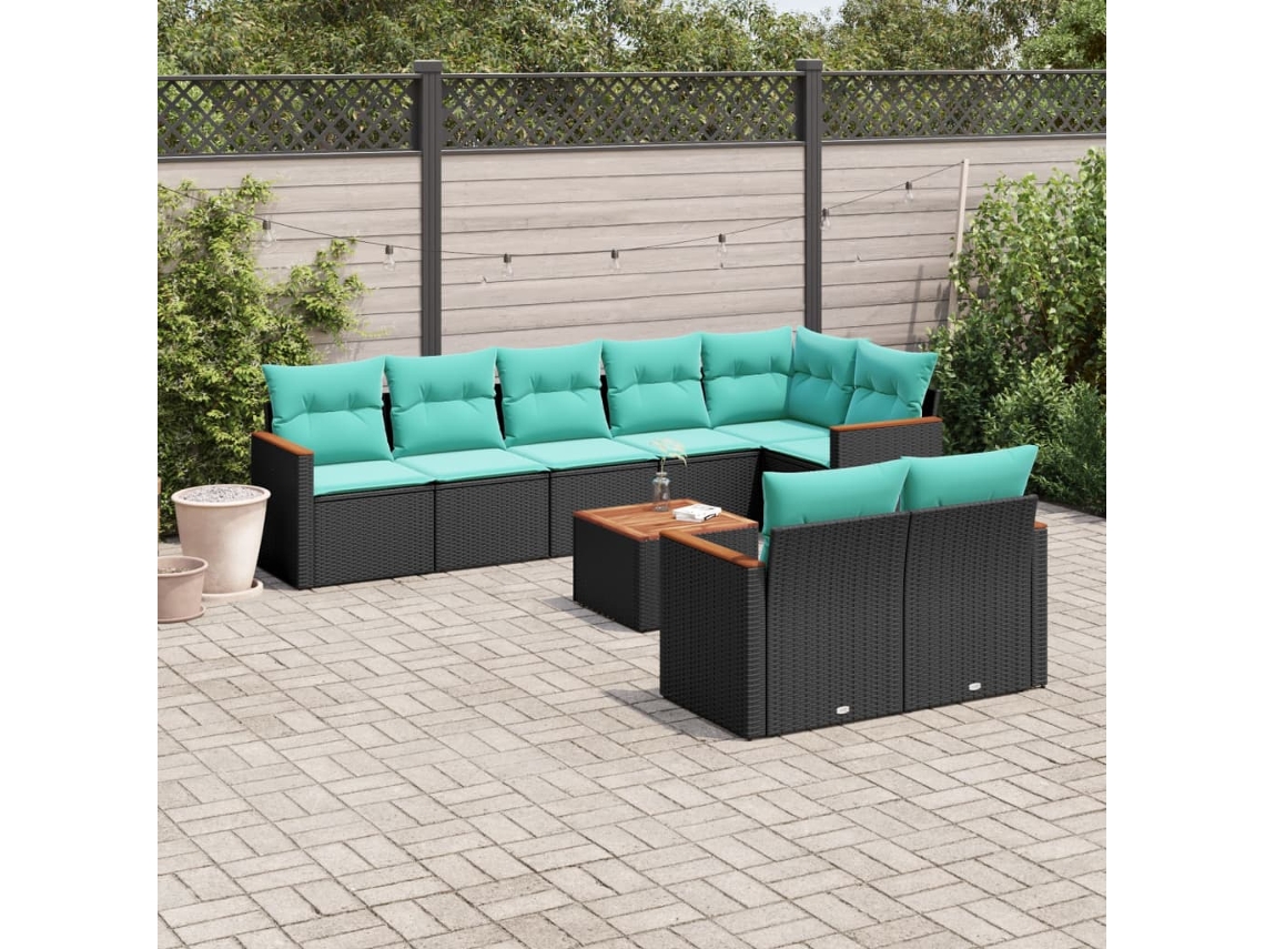Vidaxl Conjunto De Sofá De Jardim De 9 Peças Com Almofadas Em Rattan Sintético Preto