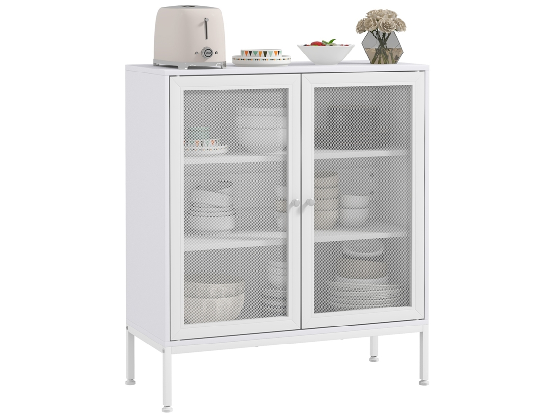 3-tier Kitchen Sideboard With 2 Mesh Doors And Adjustable Shelf, 80 X 37 X 92 Cm, White