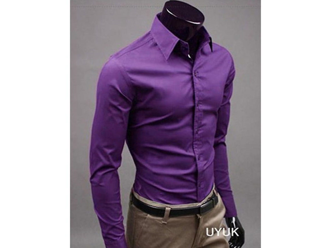 2026 camisetas de Luxo para Homem, Manga Longa, Gola com Botões, Casual e Formal, Ajuste Slim, Algodão Misturado M Morado