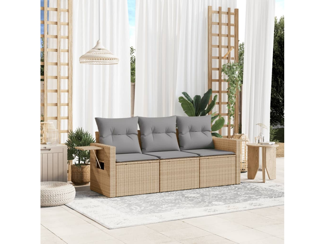Vidaxl 3 Pcs Conjunto De Sofás P/ Jardim Com Almofadões Vime Pe Bege