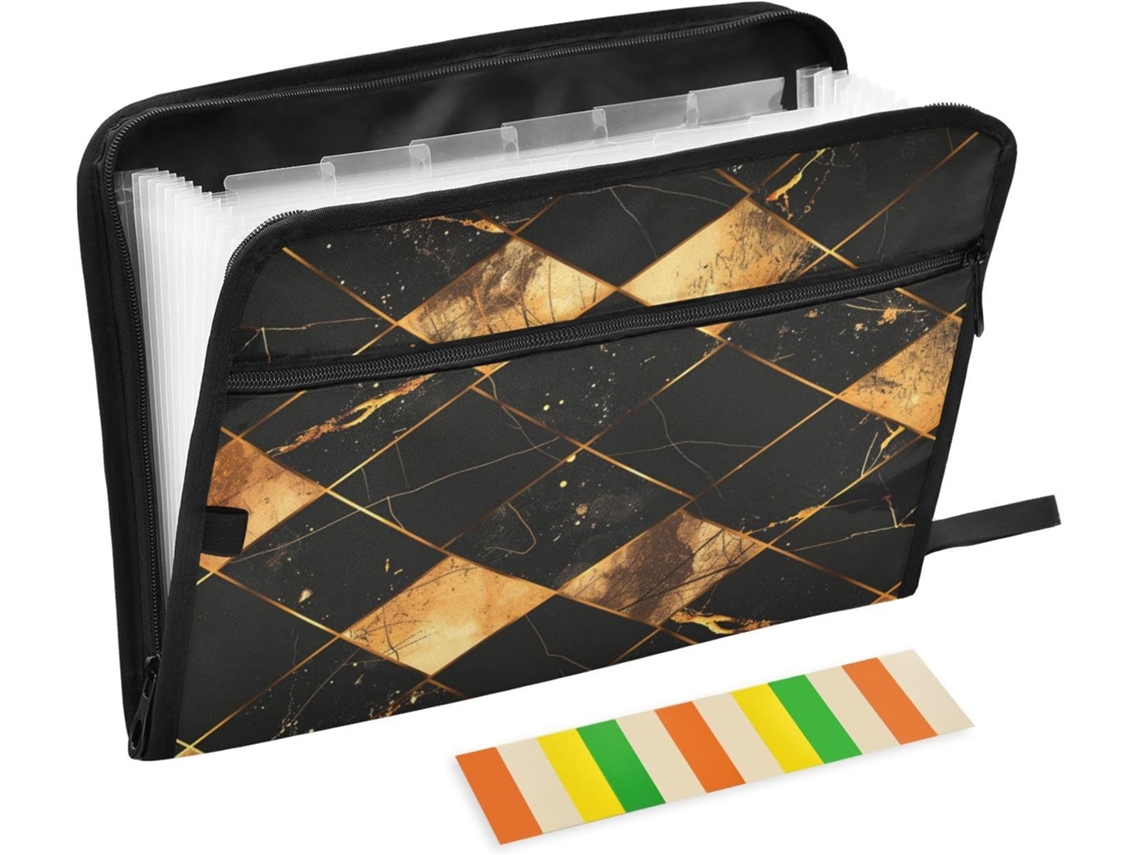 Pasta Expansível Vintage Em Preto E Dourado Com 13 Bolsos, Tamanho A4 E Carta, Com Fecho De Zíper Uso Escolar