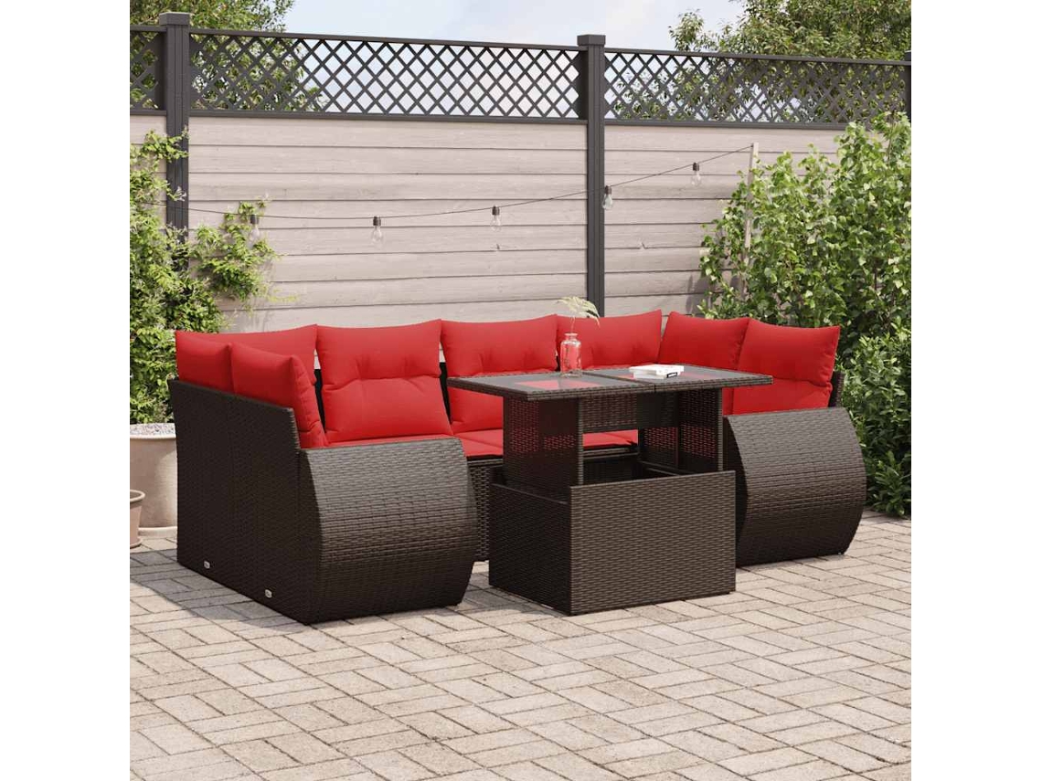 Vidaxl 7 Pcs Conj. Sofás Jardim C/ Almofadões Vime Pe/acácia Castanho