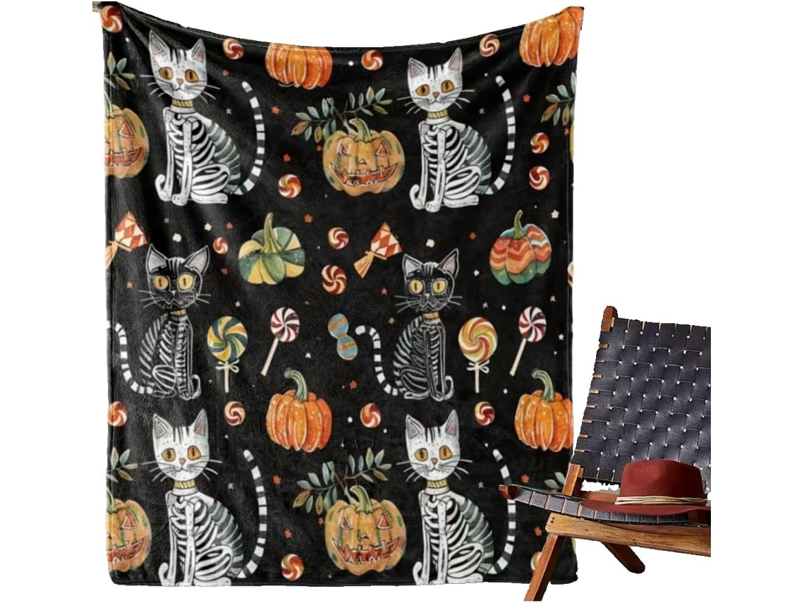 Manta Syjym de Halloween com Estampa Fantasmas e Abóboras Macia Felpuda Perfeita para Decoração Casa Sofá Cama