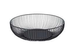 Cesto de frutas redondo em metal preto com design vazado para armazenamento decorativo de frutas, pão e petiscos.