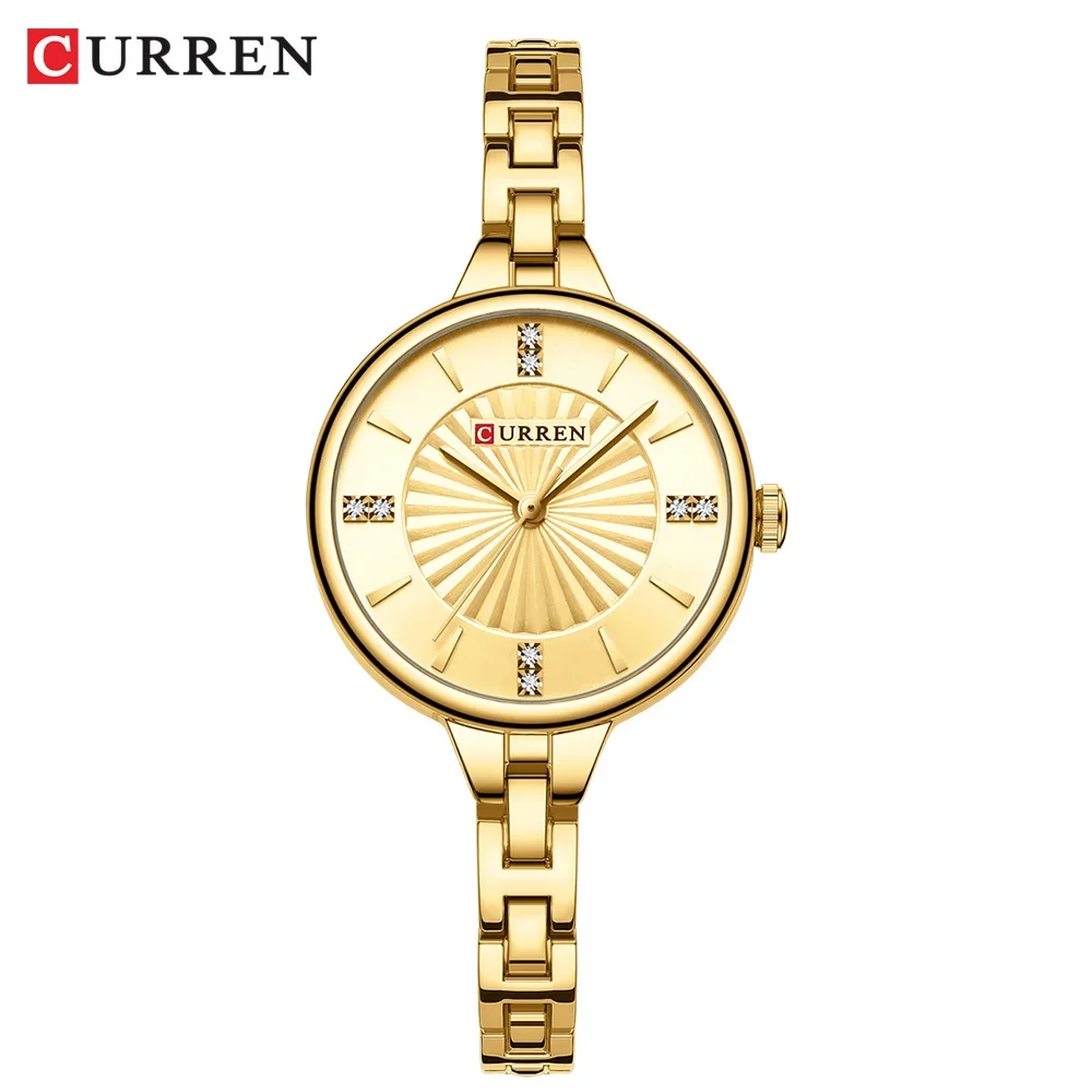 Mostrador Simples e Romântico com Strass e Pulseira de Aço Inoxidável. MDUG (dourado)